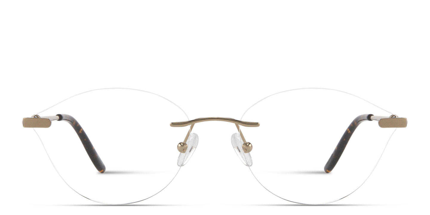 Shop TRICE Logo Wide Rimless Irregular Eyeglasses in Gold Havana online.