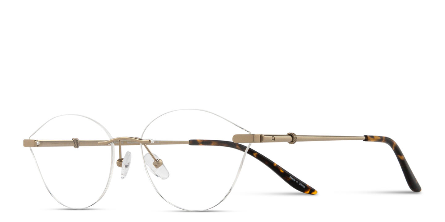 Shop TRICE Logo Wide Rimless Irregular Eyeglasses in Gold Havana online.