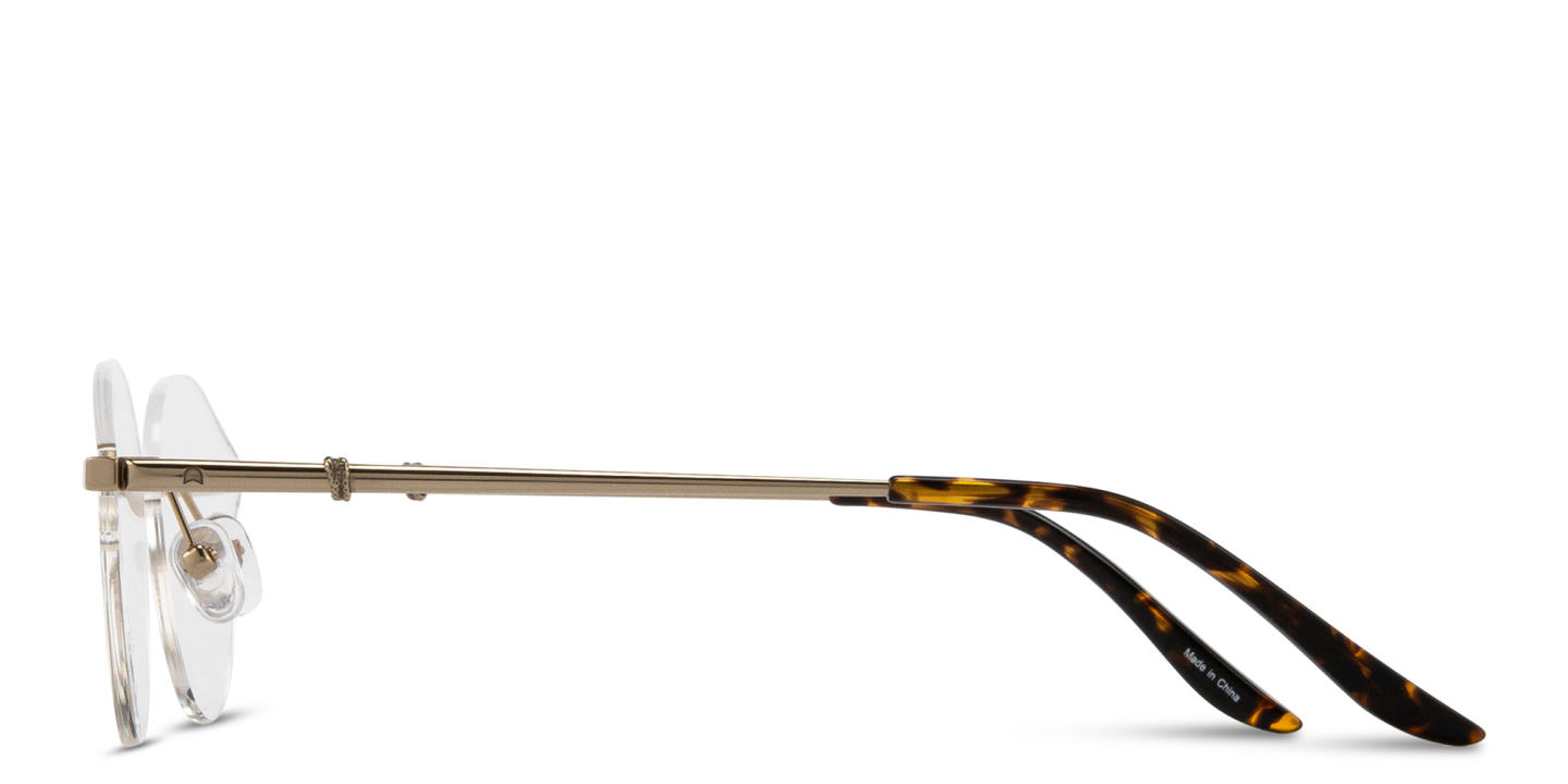 Shop TRICE Logo Wide Rimless Irregular Eyeglasses in Gold Havana online.