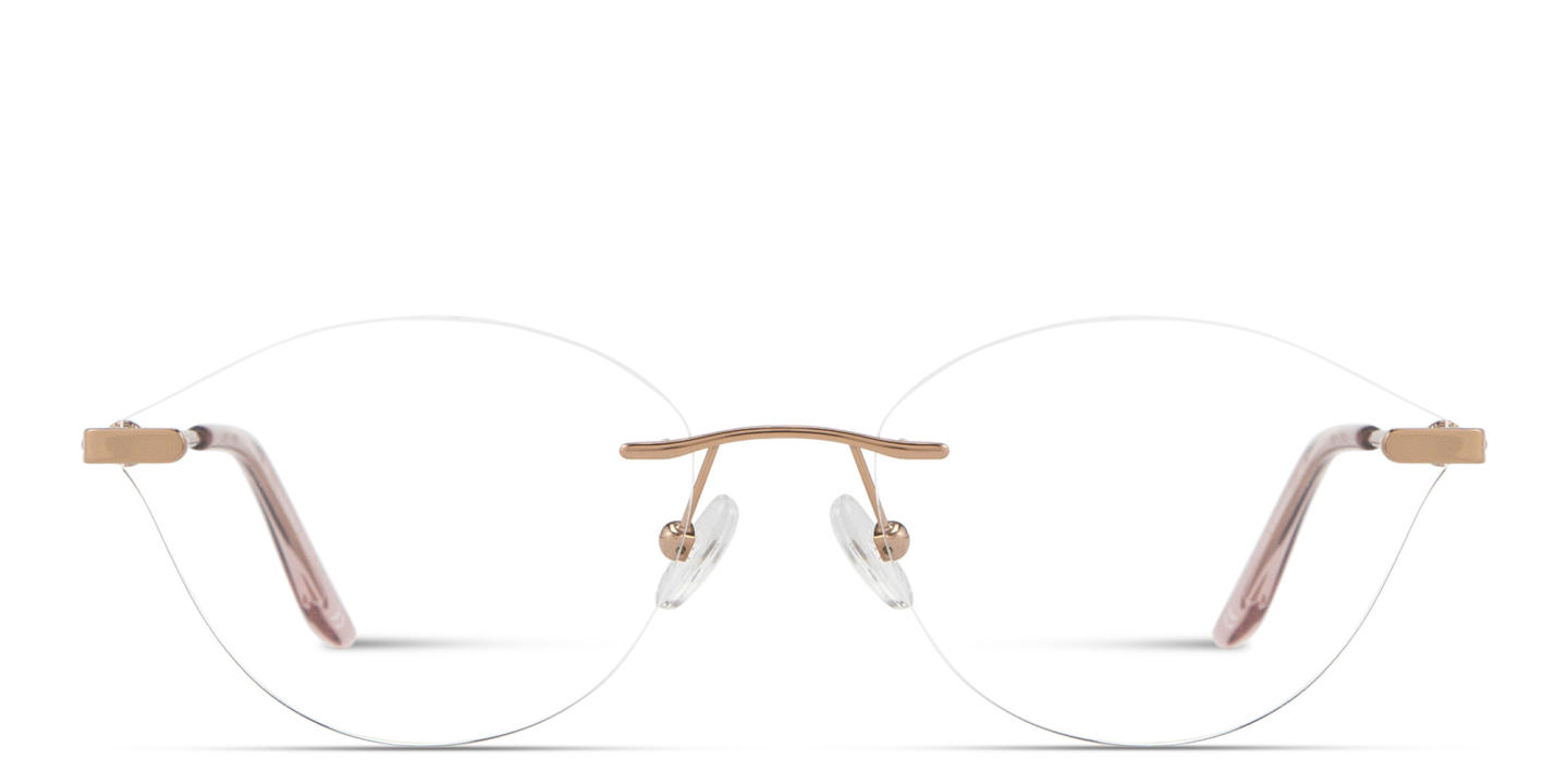 Shop TRICE Logo Wide Rimless Irregular Eyeglasses in Rose Gold online.