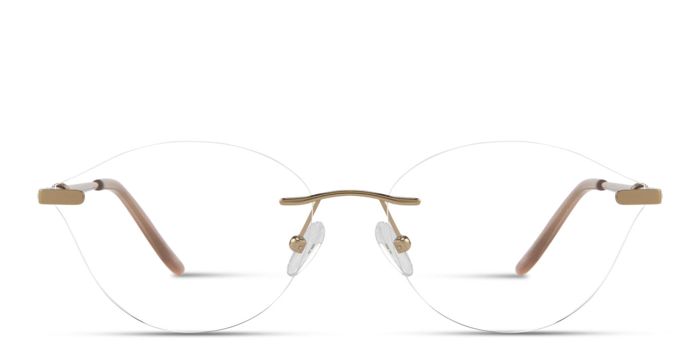 Shop TRICE Logo Wide Rimless Irregular Eyeglasses in Gold & Brown online.