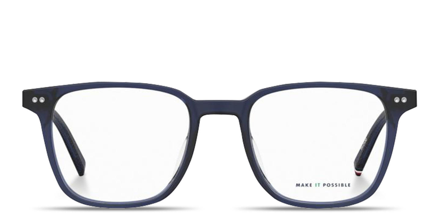 Shop Tommy Hilfiger Flag Logo Square Eyeglasses in Blue online.