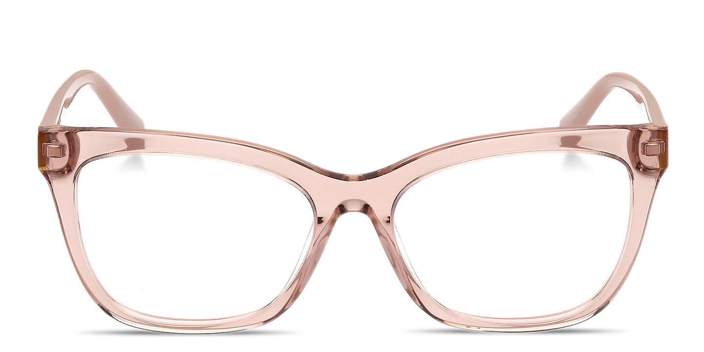 Shop Guess Embossed Logo Wide Rectangle Eyeglasses in Transparent Beige online.