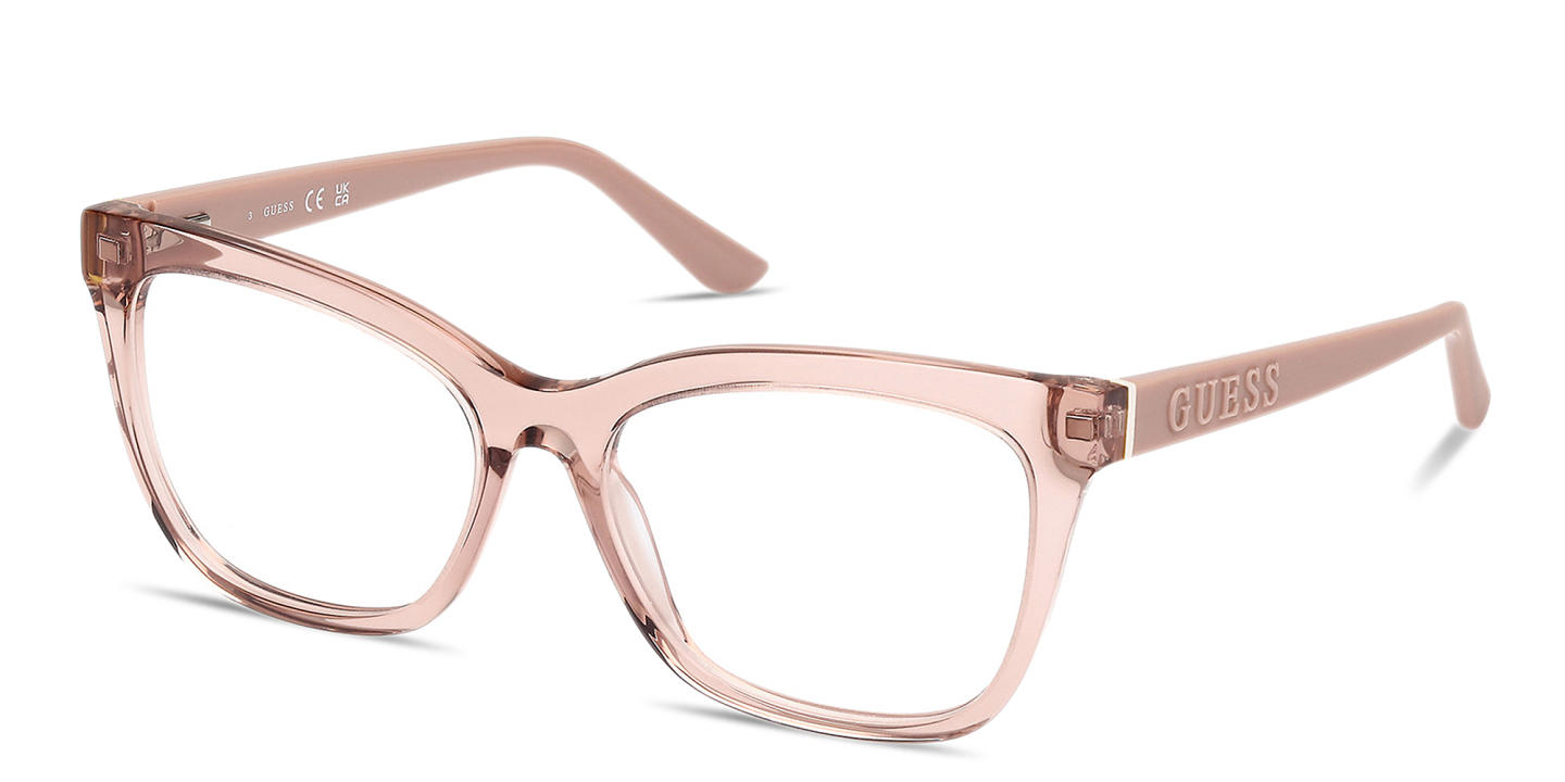 Shop Guess Embossed Logo Wide Rectangle Eyeglasses in Transparent Beige online.