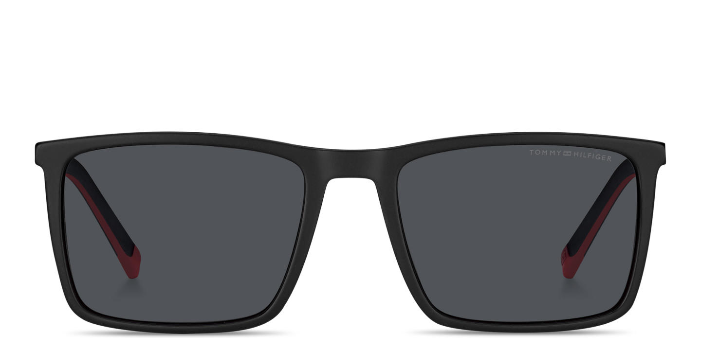 Shop Tommy Hilfiger Flag Logo Rectangle Sunglasses in Shiny Black online.