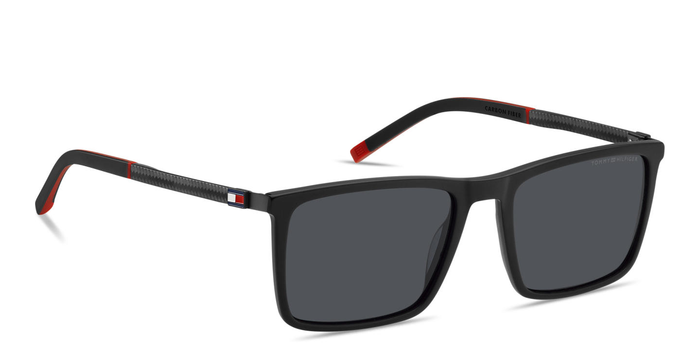 Shop Tommy Hilfiger Flag Logo Rectangle Sunglasses in Shiny Black online.