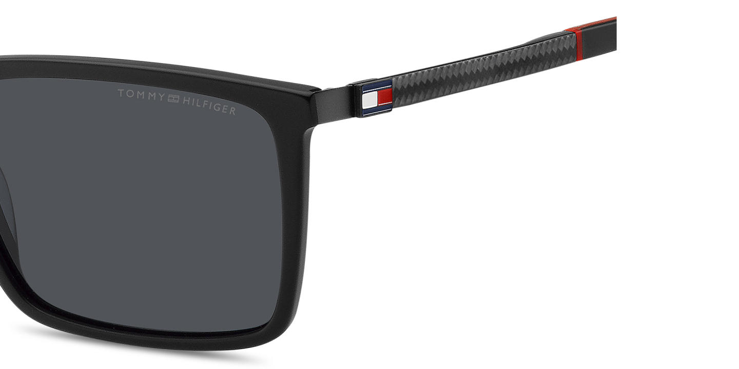 Shop Tommy Hilfiger Flag Logo Rectangle Sunglasses in Shiny Black online.