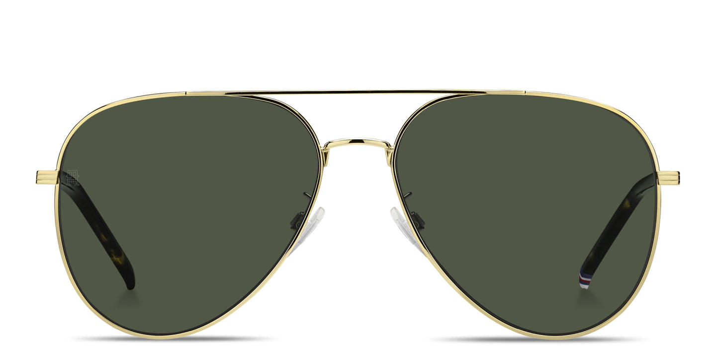 Shop Tommy Hilfiger Engraved Logo Aviator Sunglasses in Gold online.