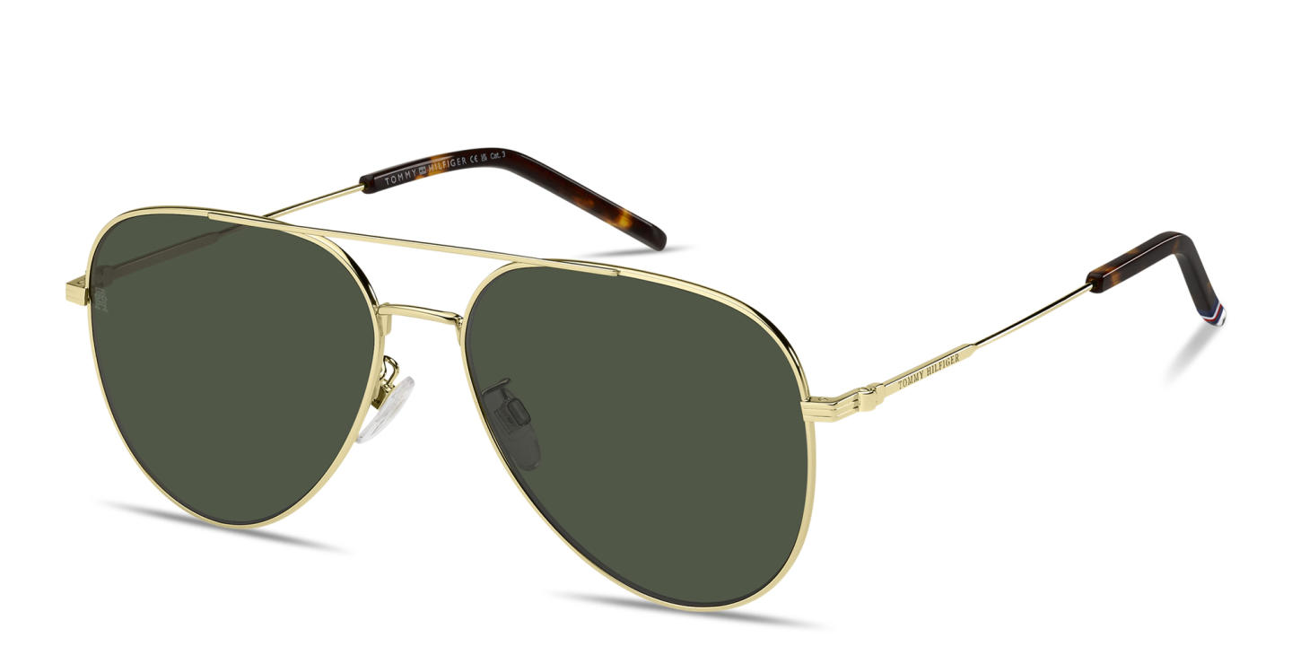 Shop Tommy Hilfiger Engraved Logo Aviator Sunglasses in Gold online.
