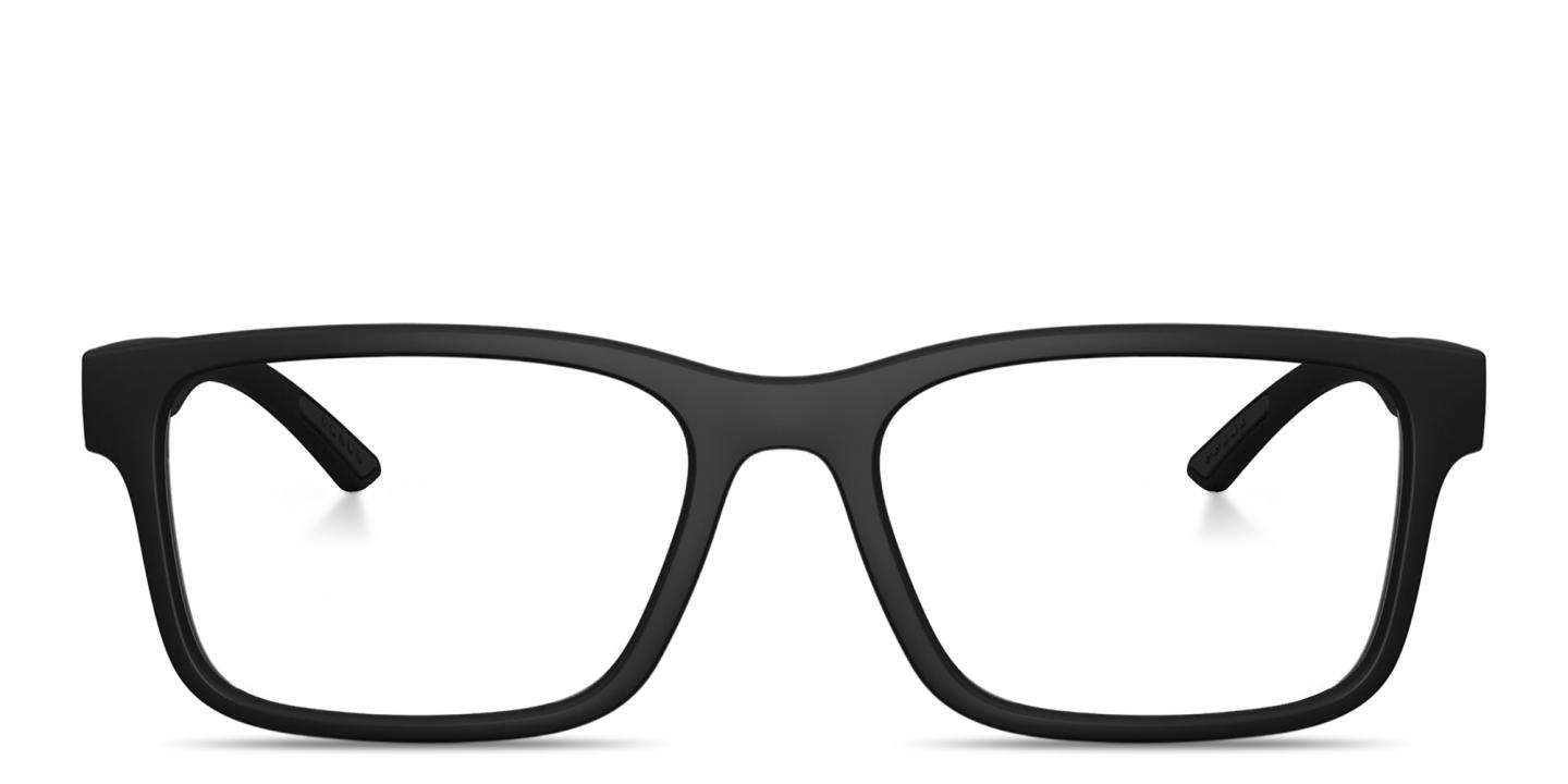 Shop Prada Linea Rossa Logo Lettering Rectangle Eyeglasses in Black Rubber online.