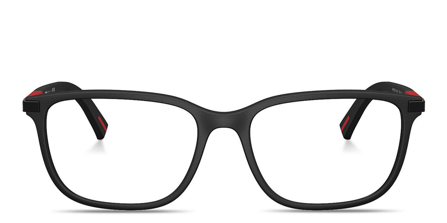 Shop Prada Linea Rossa Logo Signature Wide Pillow Eyeglasses in Black Rubber online.