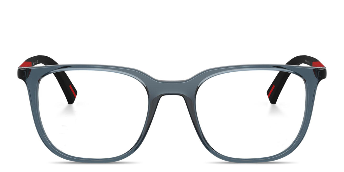 Shop Prada Linea Rossa Logo Signature Pillow Eyeglasses in Crystal Blue online.