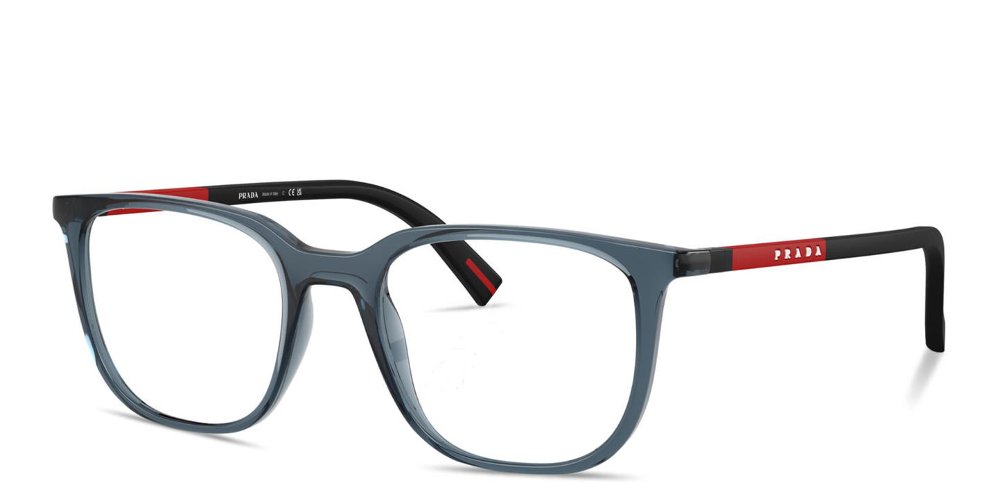 Shop Prada Linea Rossa Logo Signature Pillow Eyeglasses in Crystal Blue online.
