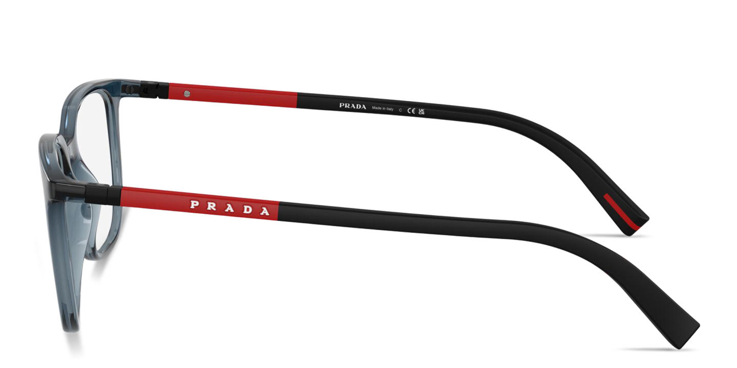 Shop Prada Linea Rossa Logo Signature Pillow Eyeglasses in Crystal Blue online.