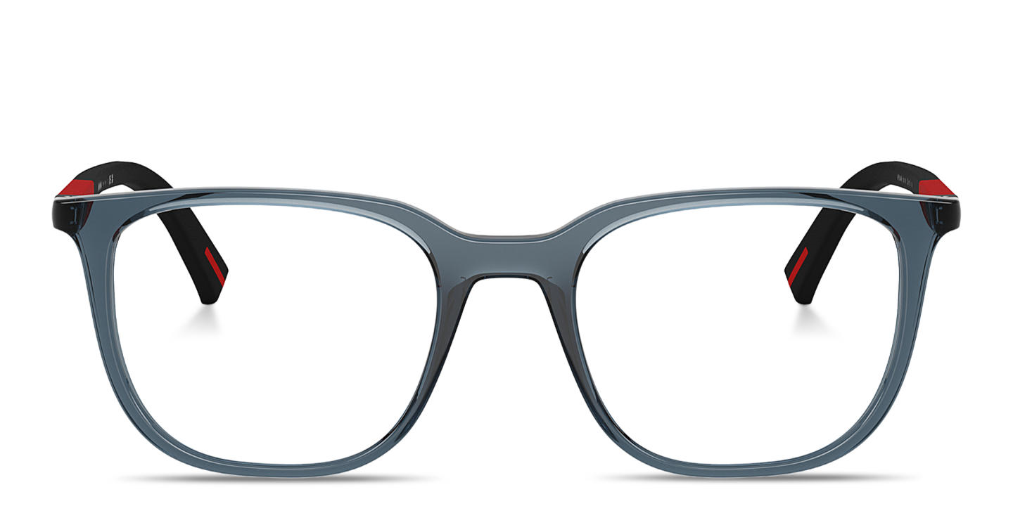 Shop Prada Linea Rossa Logo Signature Pillow Eyeglasses in Transparent Blue online.
