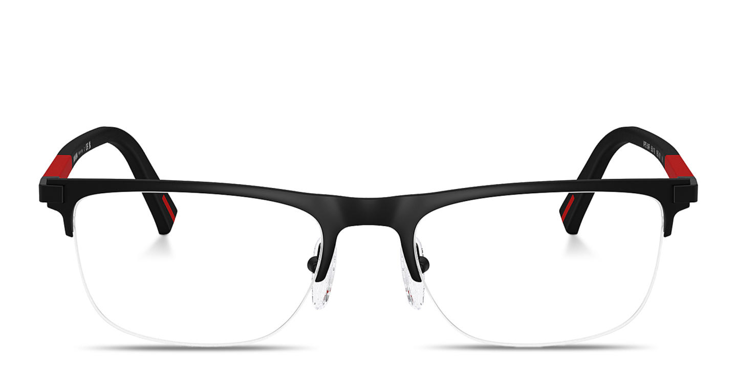 Shop Prada Linea Rossa Logo Signature Wide Half-Rim Pillow Eyeglasses in Matte Black online.