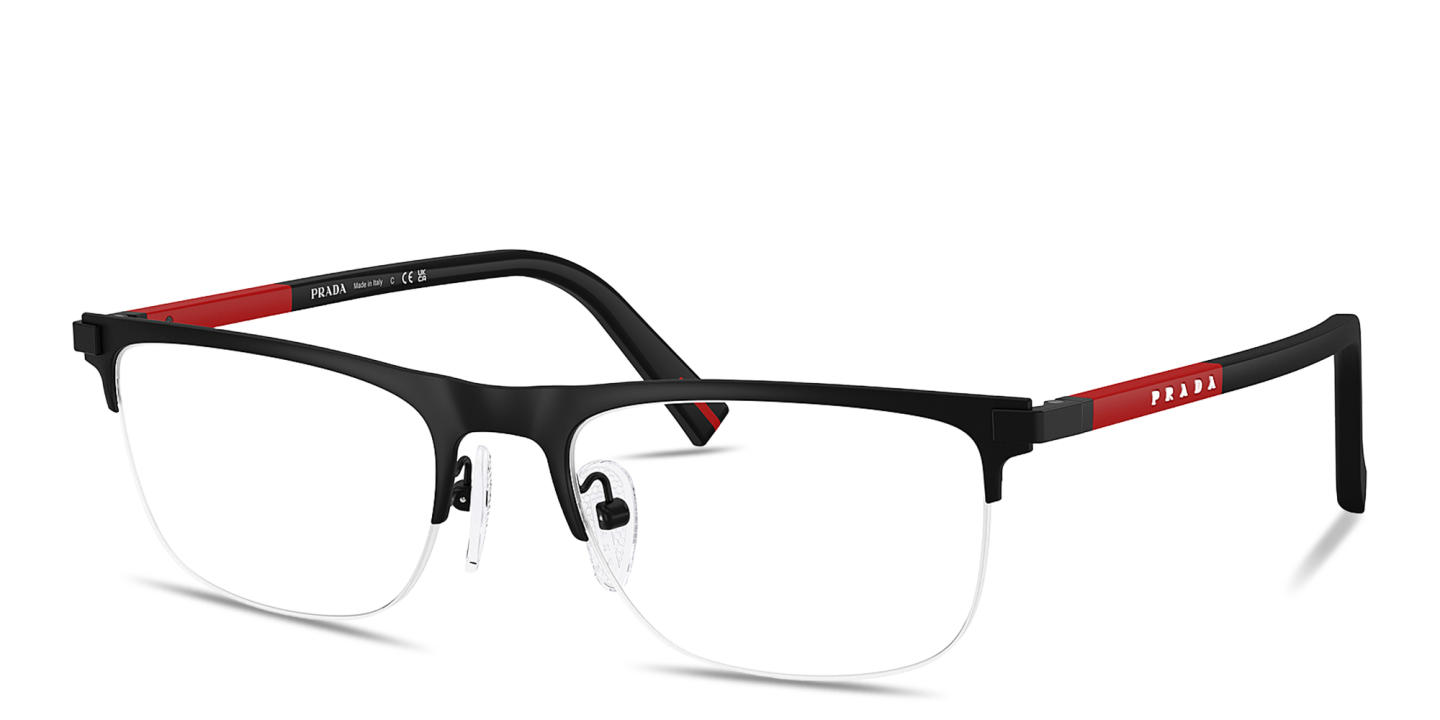 Shop Prada Linea Rossa Logo Signature Wide Half-Rim Pillow Eyeglasses in Matte Black online.