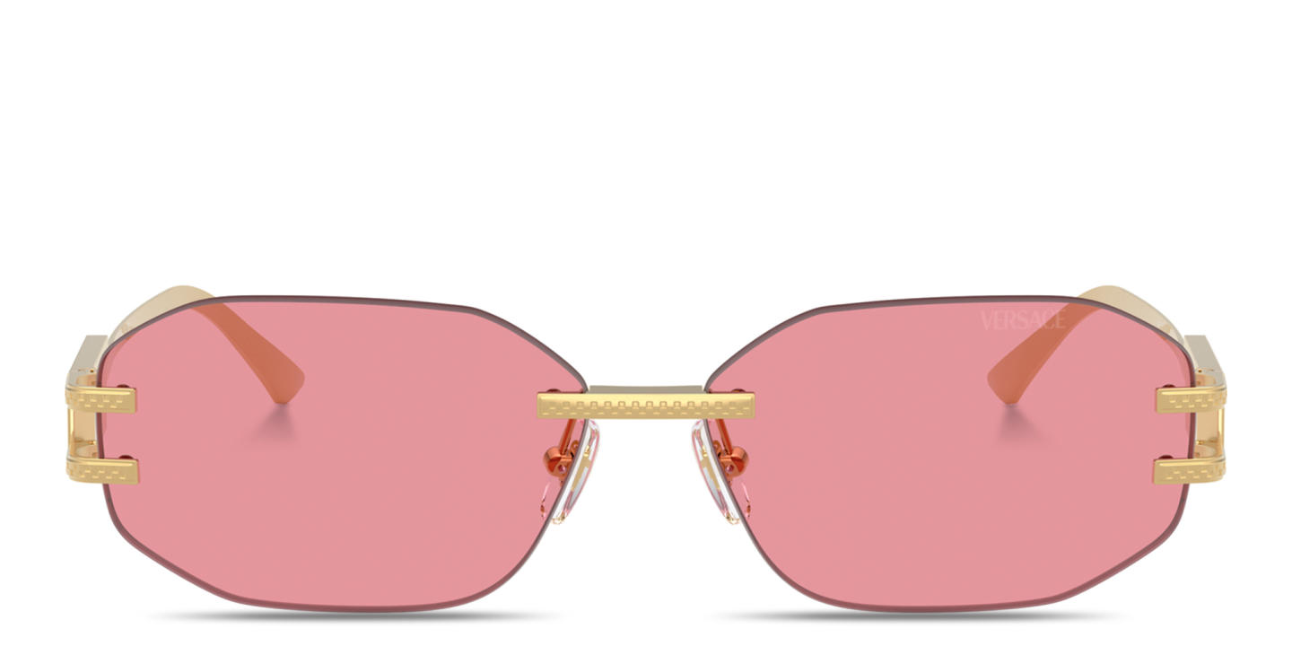 Shop VERSACE Damier Plaque Rimless Irregular Sunglasses in Gold online.