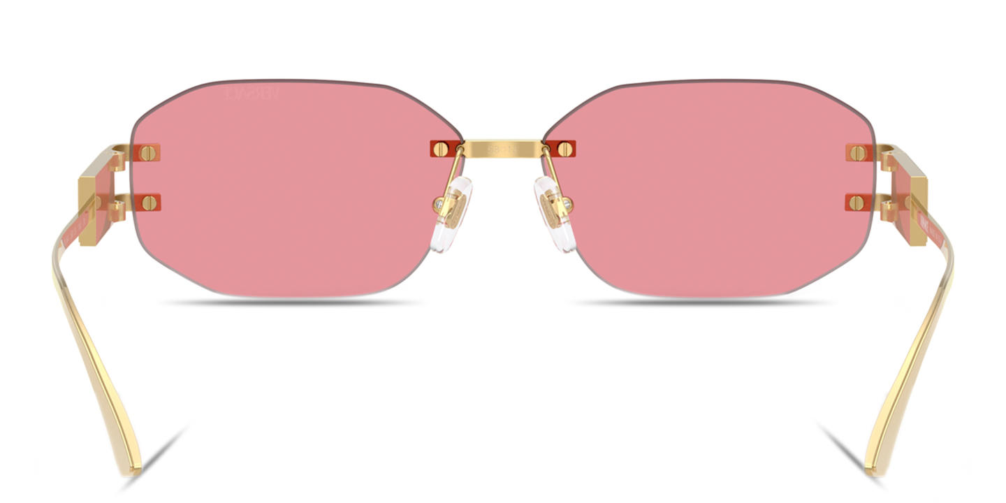 Shop VERSACE Damier Plaque Rimless Irregular Sunglasses in Gold online.