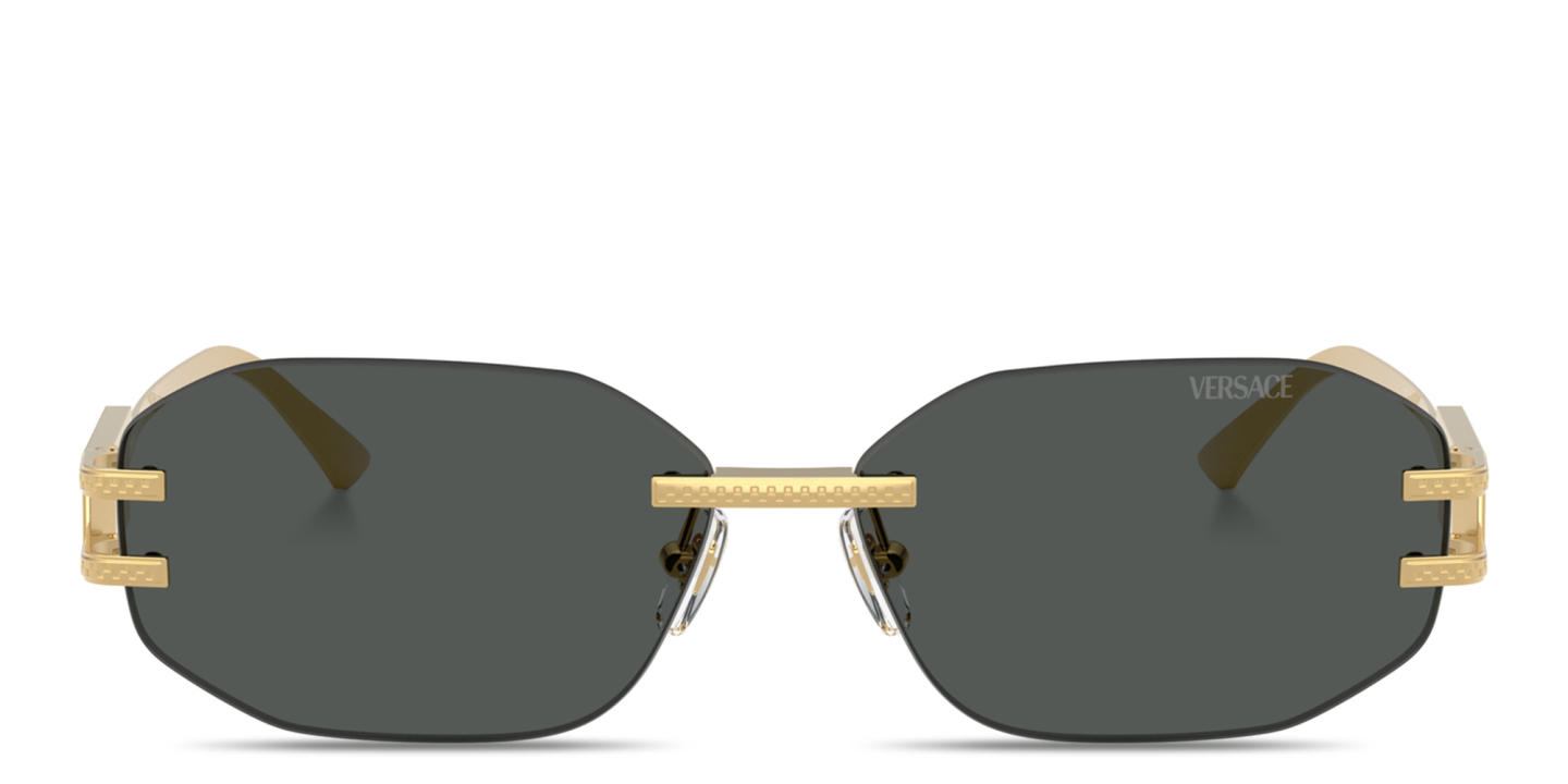 Shop VERSACE Damier Plaque Rimless Irregular Sunglasses in Gold online.