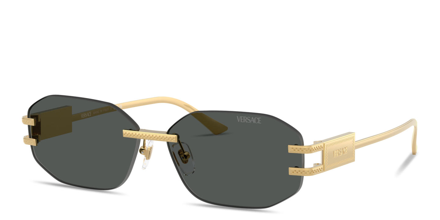 Shop VERSACE Damier Plaque Rimless Irregular Sunglasses in Gold online.