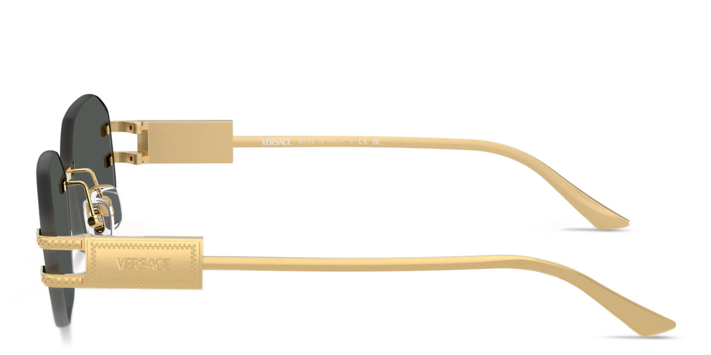 Shop VERSACE Damier Plaque Rimless Irregular Sunglasses in Gold online.