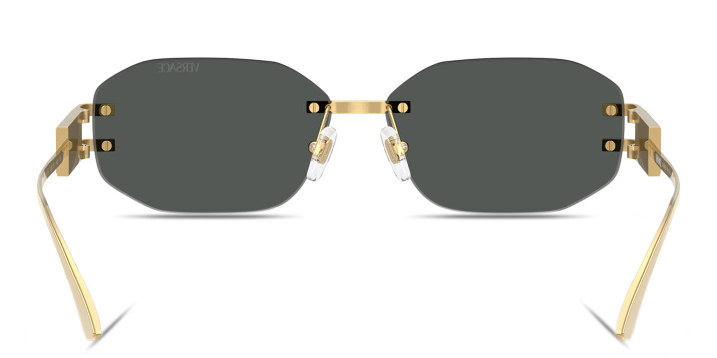 Shop VERSACE Damier Plaque Rimless Irregular Sunglasses in Gold online.