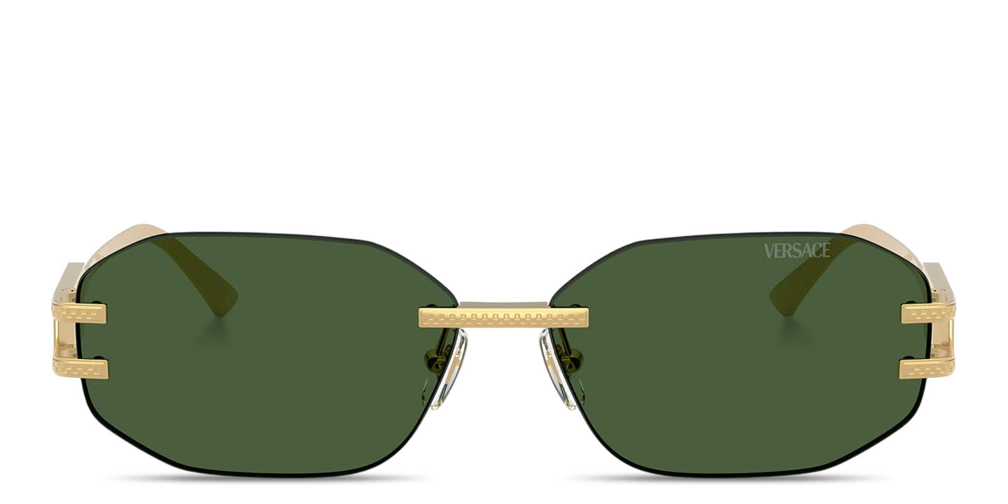 Shop VERSACE Damier Plaque Rimless Irregular Sunglasses in Gold online.