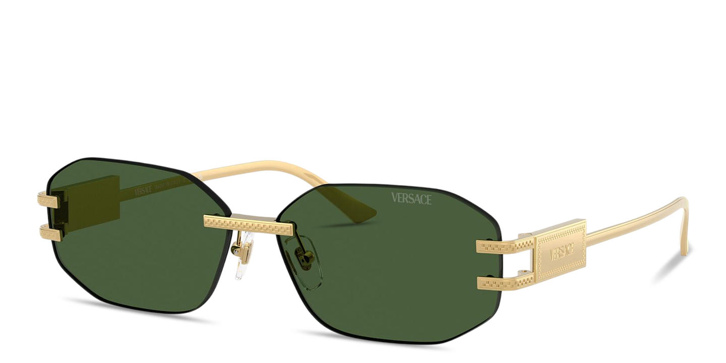 Shop VERSACE Damier Plaque Rimless Irregular Sunglasses in Gold online.