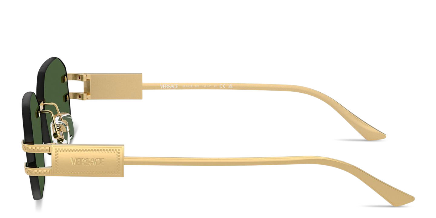 Shop VERSACE Damier Plaque Rimless Irregular Sunglasses in Gold online.