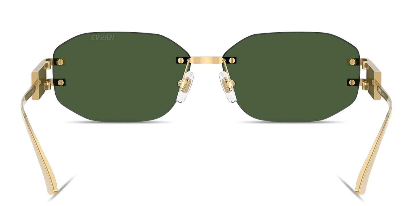 Shop VERSACE Damier Plaque Rimless Irregular Sunglasses in Gold online.