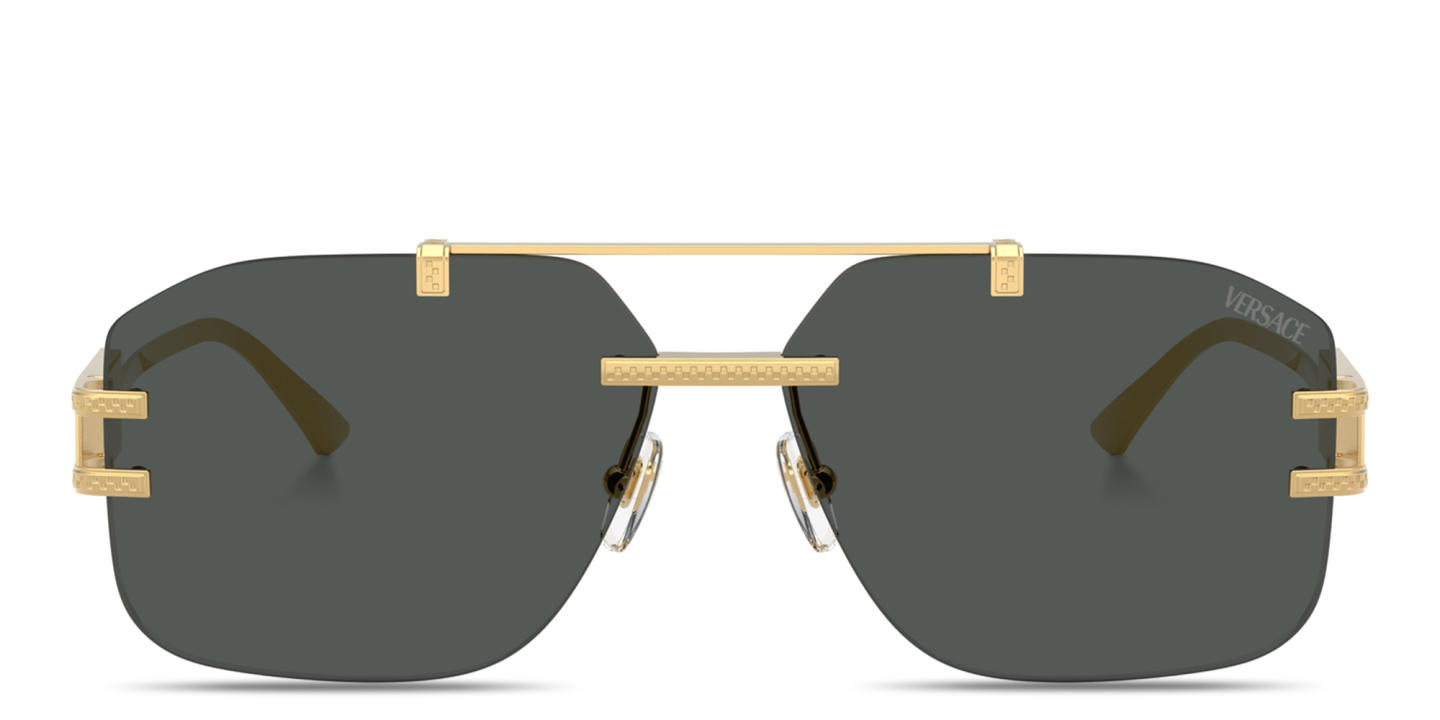 Shop VERSACE Damier Plaque Rimless Irregular Sunglasses in Gold online.