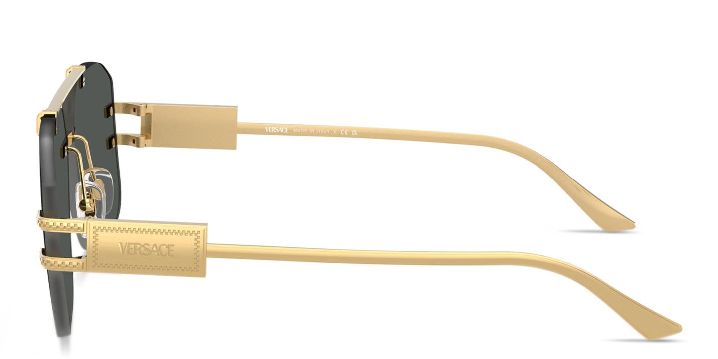 Shop VERSACE Damier Plaque Rimless Irregular Sunglasses in Gold online.