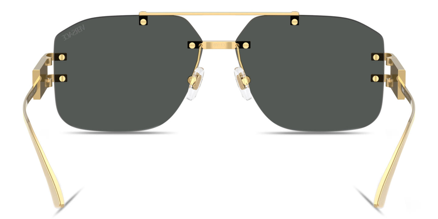 Shop VERSACE Damier Plaque Rimless Irregular Sunglasses in Gold online.