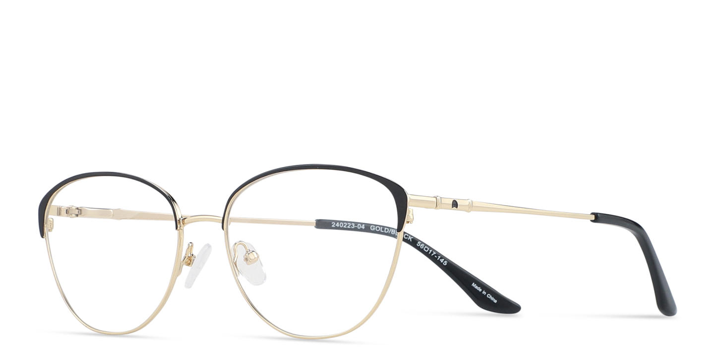 Shop TRICE Logo Wide Cat-Eye Eyeglasses in Black Gold online.