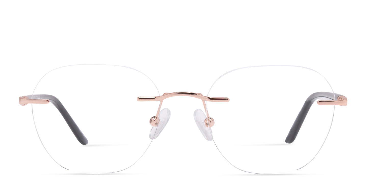 TRICE Logo Unisex Rimless Round Eyeglasses in Rose Gold – Product Photo 0