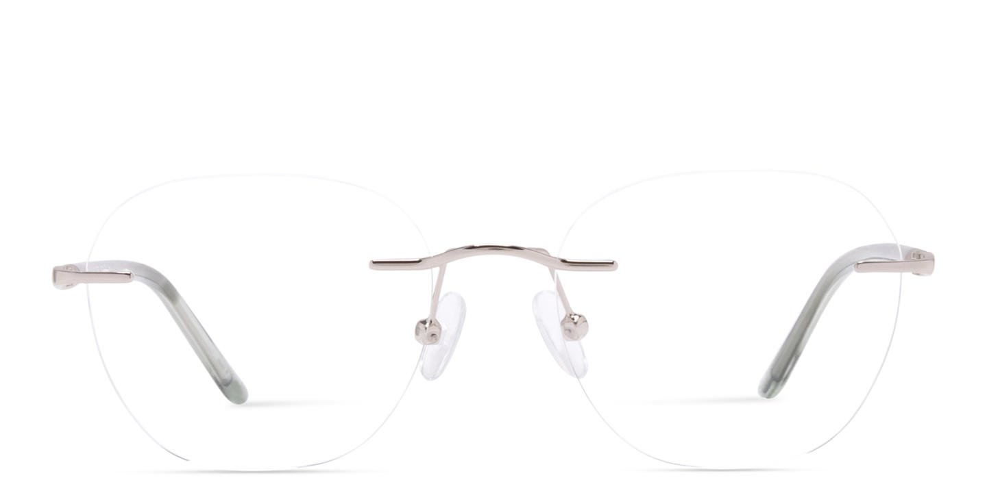 Shop TRICE Logo Unisex Rimless Round Eyeglasses in Silver online.