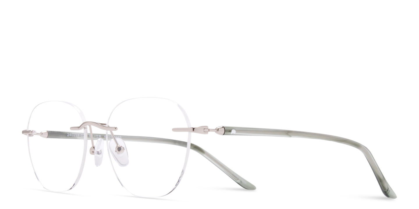 Shop TRICE Logo Unisex Rimless Round Eyeglasses in Silver online.