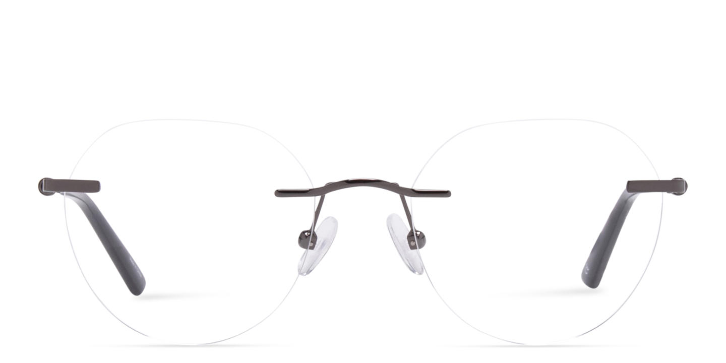 Shop TRICE Logo Unisex Rimless Panthos Eyeglasses in Gunmetal online.