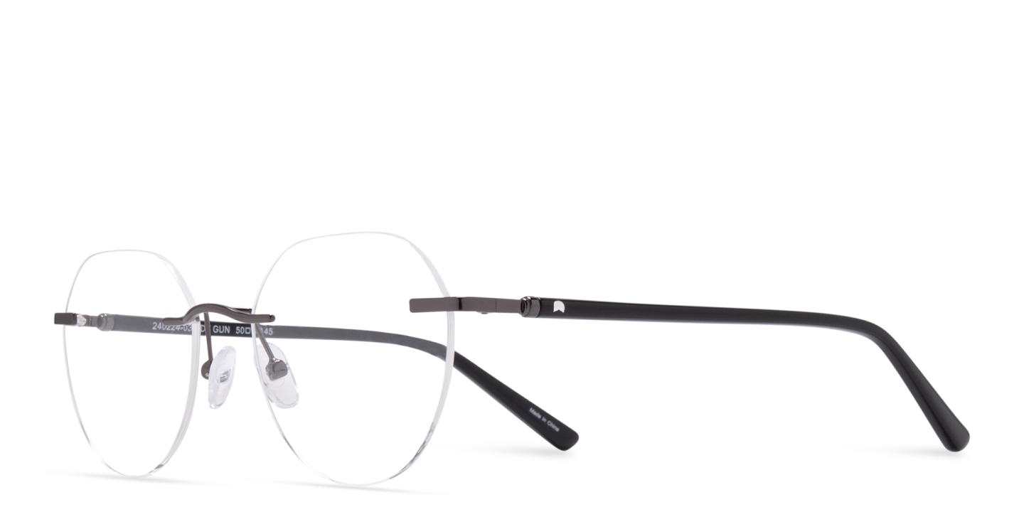 Shop TRICE Logo Unisex Rimless Panthos Eyeglasses in Gunmetal online.