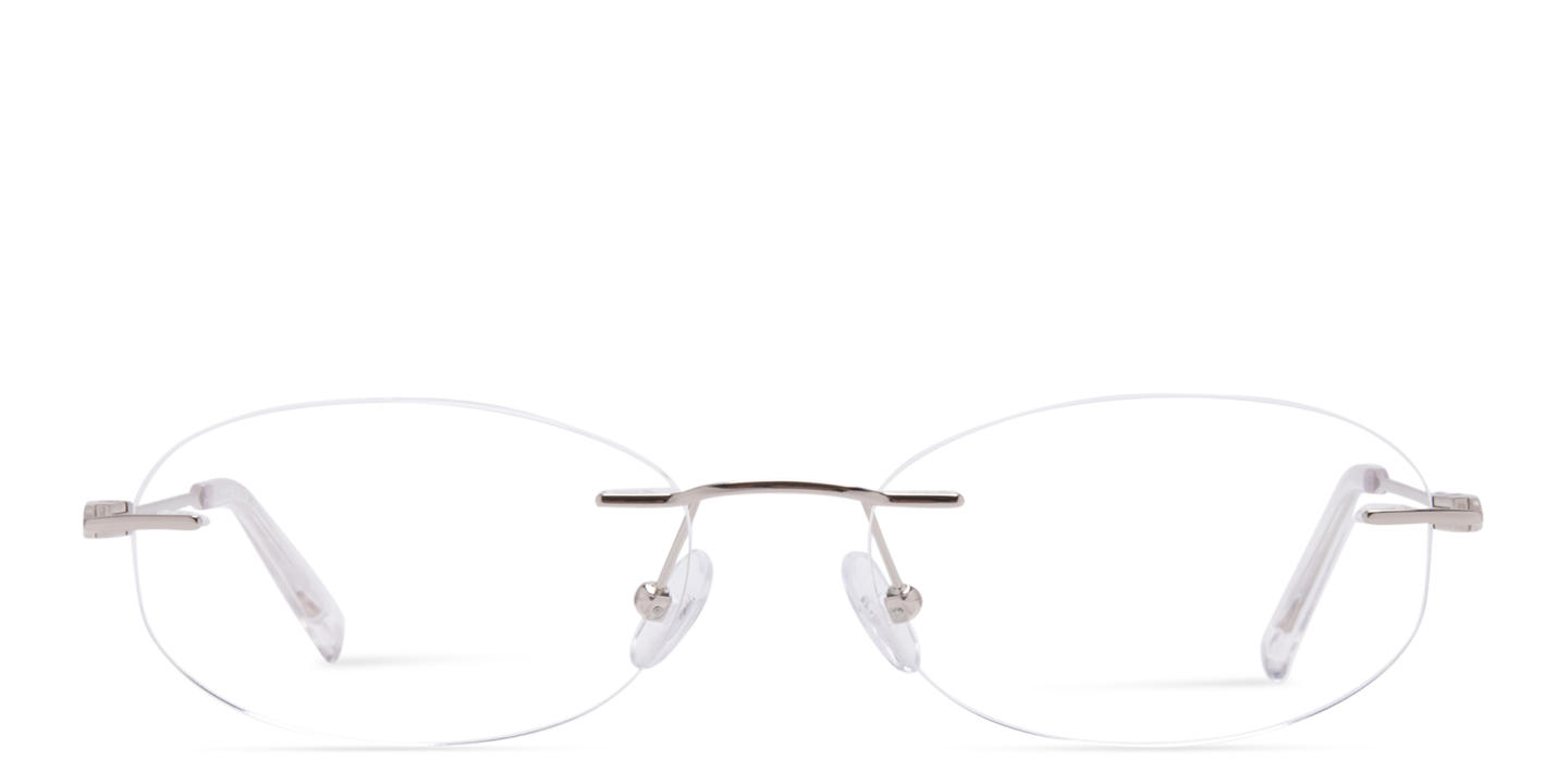Shop TRICE Logo Rimless Oval Eyeglasses in Silver online.
