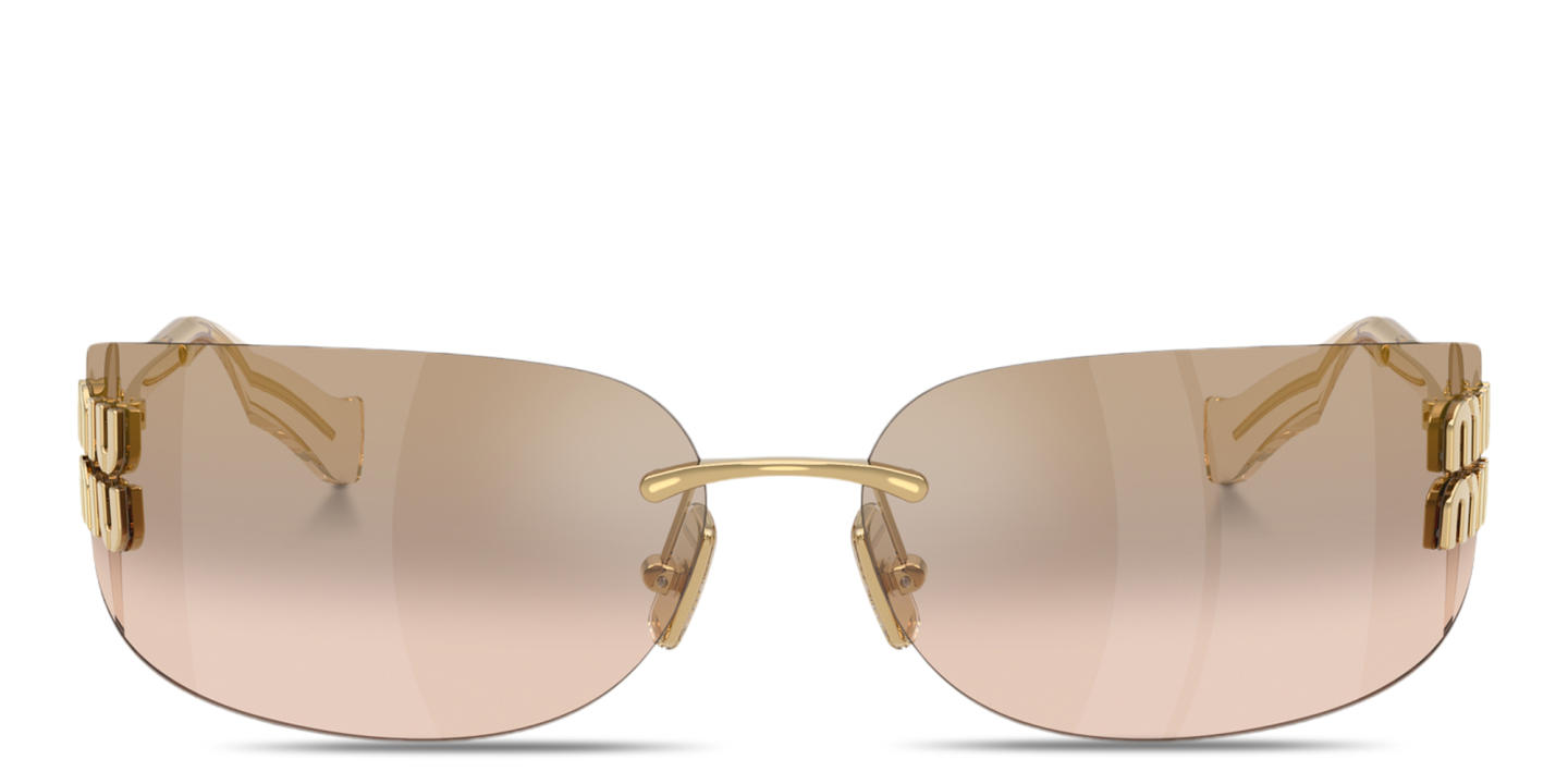 Shop MIU MIU Vertical Logo Rimless Wide Mask Sunglasses in Gold online.