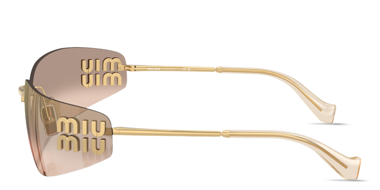 Shop MIU MIU Vertical Logo Rimless Wide Mask Sunglasses in Gold online.