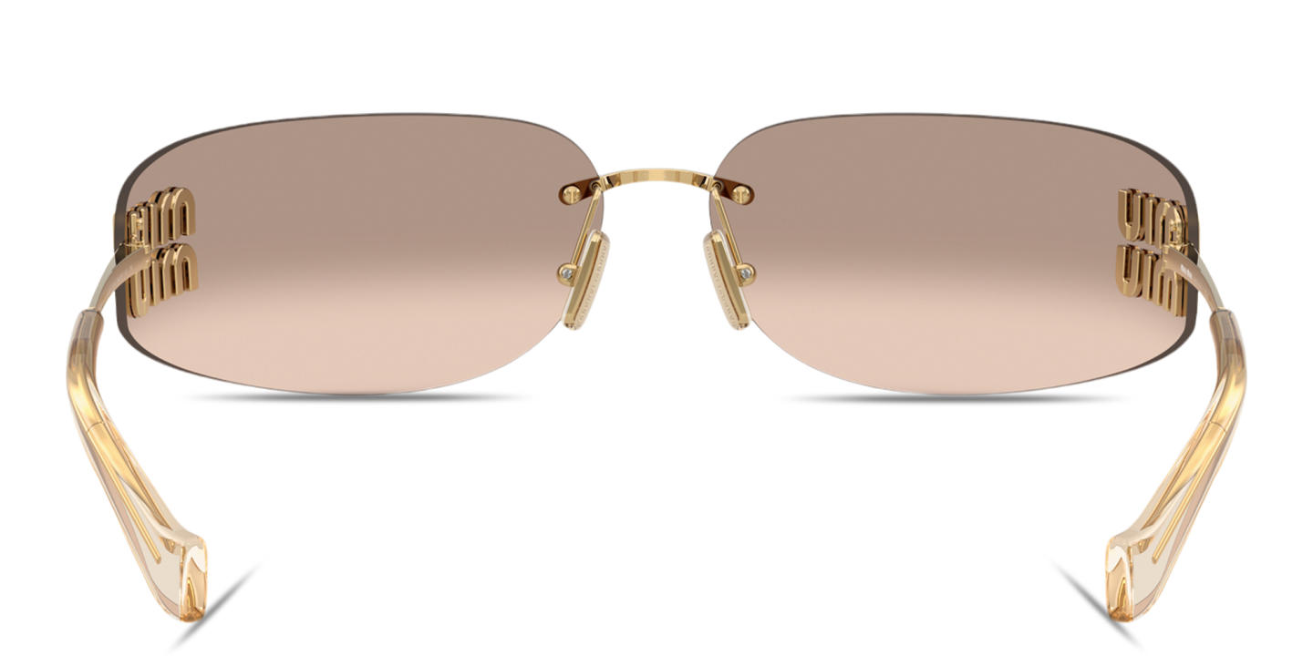 Shop MIU MIU Vertical Logo Rimless Wide Mask Sunglasses in Gold online.