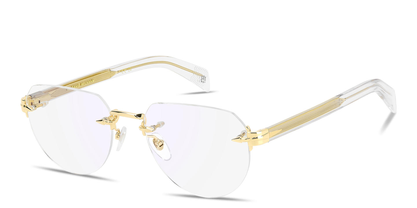 Shop DAVID BECKHAM Talisman Rimless Pilot Eyeglasses in Gold online.