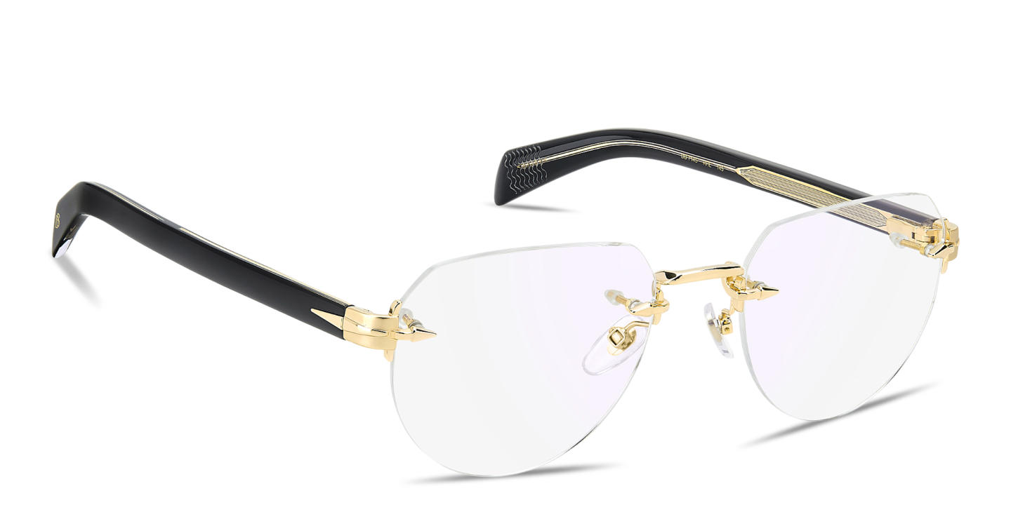 Shop DAVID BECKHAM Talisman Rimless Pilot Eyeglasses in Polished Gold online.
