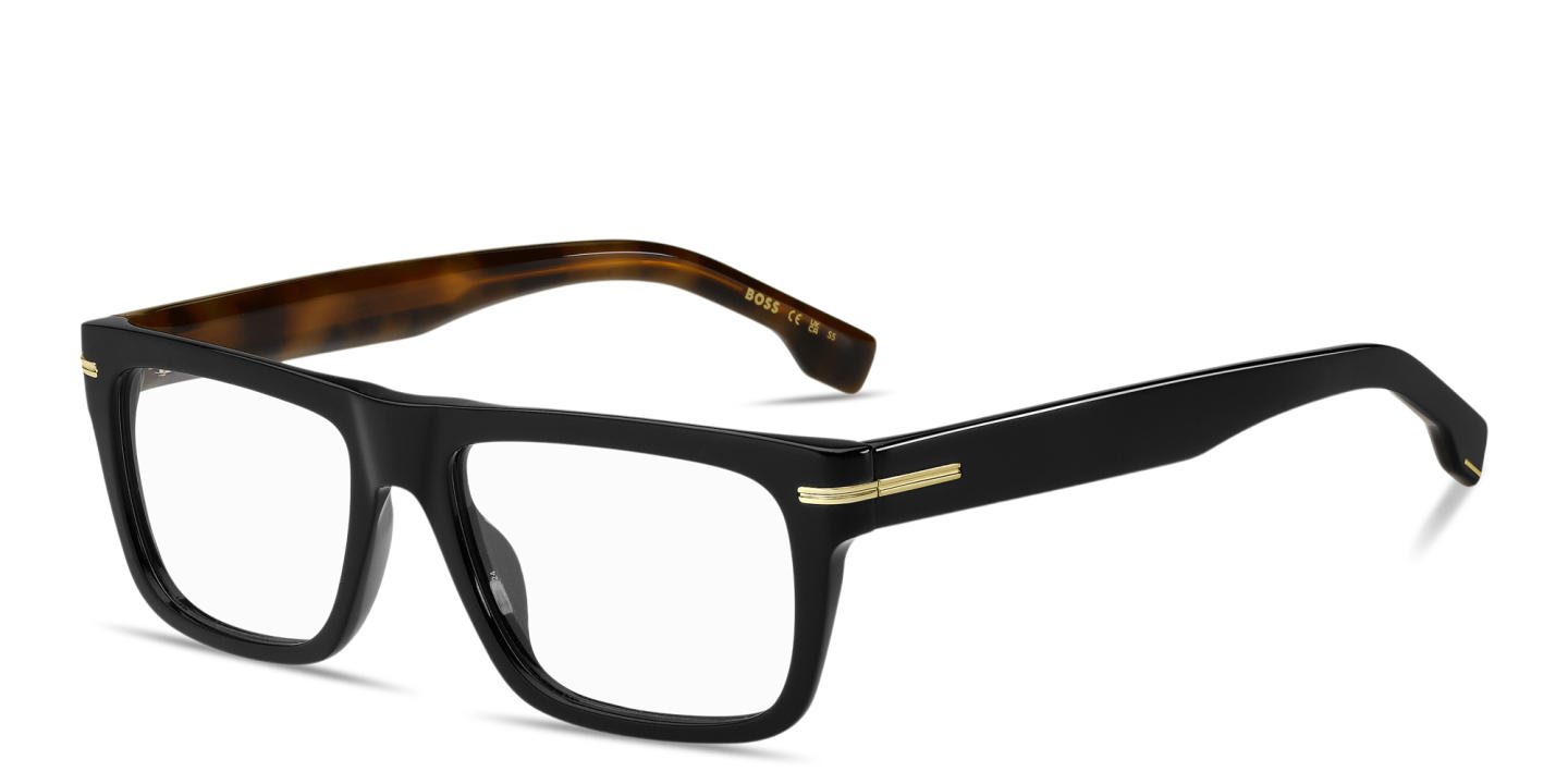 Shop Hugo Boss Logo Lettering Rectangle Eyeglasses in Black online.