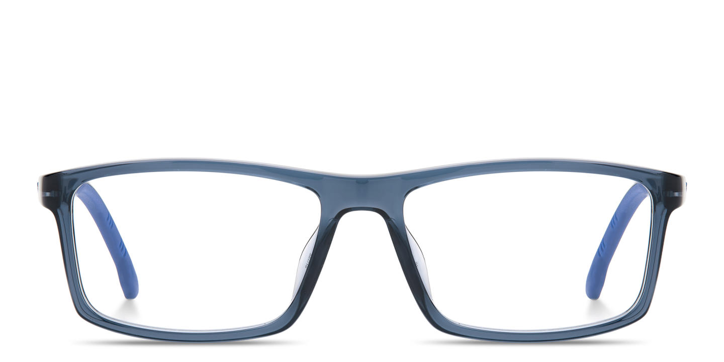 Shop Carrera Logo Lettering Wide Rectangle Eyeglasses in Transparent Blue online.