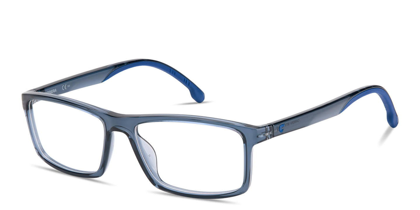 Shop Carrera Logo Lettering Wide Rectangle Eyeglasses in Transparent Blue online.