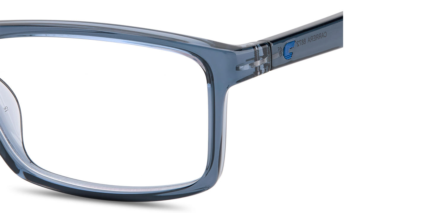 Shop Carrera Logo Lettering Wide Rectangle Eyeglasses in Transparent Blue online.